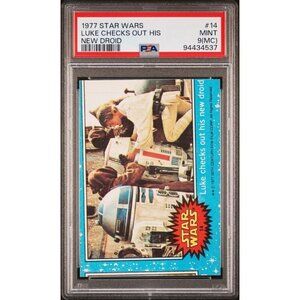 RARE MISCUT PSA 9 1977 Topps Star Wars Trading Card 14 Luke Checks Out His Droid
